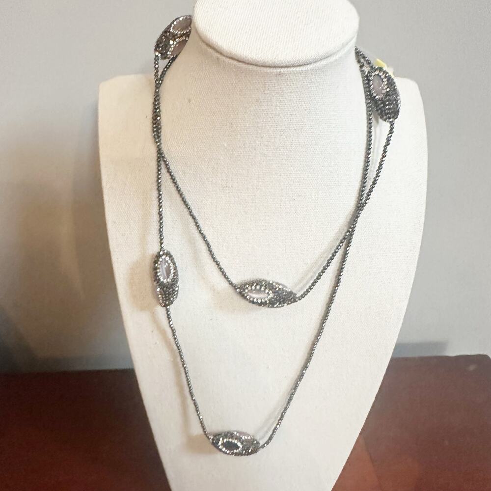 Sparkly Crystal Long Necklace NWT Retro Black Gray Silver Cz Rhinestone 80s 90s